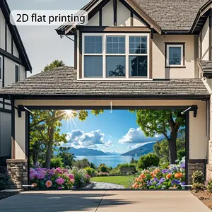 1pc Vibrant Floral Lake Garden Landscape Garage Door Banner/2D Flat Printing Outdoor Decoration/Easy Setup No Electricity Needed/Durable Fabric Backdrop for Weddings, Photo Booths & Special Events/La
