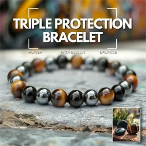 Triple Protection Bracelet – 8mm Tiger’s Eye, Tourmaline, Hematite | Unisex Healing Gift Outdoorfun Energy Crystal Amethyst Stone Stacking