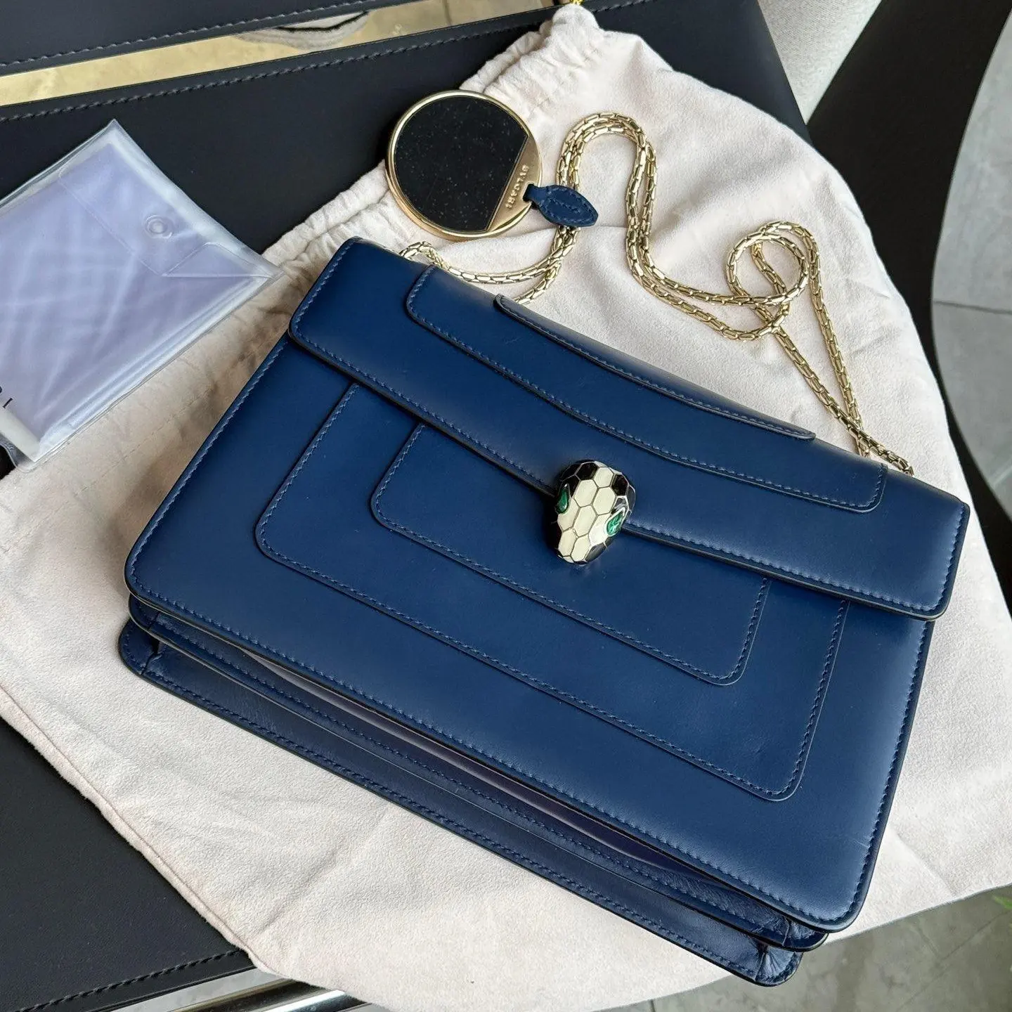 Pre-owned Bvlgari deep blue snake head accordion bag, large size（2602433）