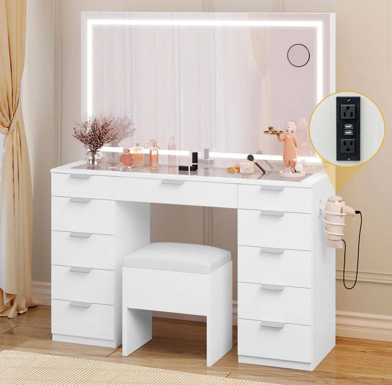 Vanity Set Led Lighted with Sliding Mirror Makeup Dressing Table 11 Drawer