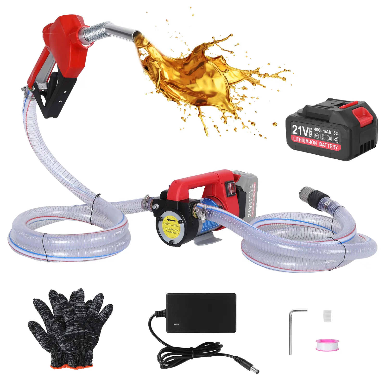 Cordless Fuel Transfer Pump with 21V 4.0Ah Battery, Charger, 12GPM Electric Fuel Pump with Hoses, Auto-off Nozzle, Portable Gasoline Pump for Water Diesel Kerosene Transfer