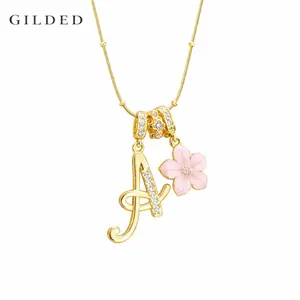 GILDED Gold Initial Zirconia Charm Necklace with Pink Flower Pendant