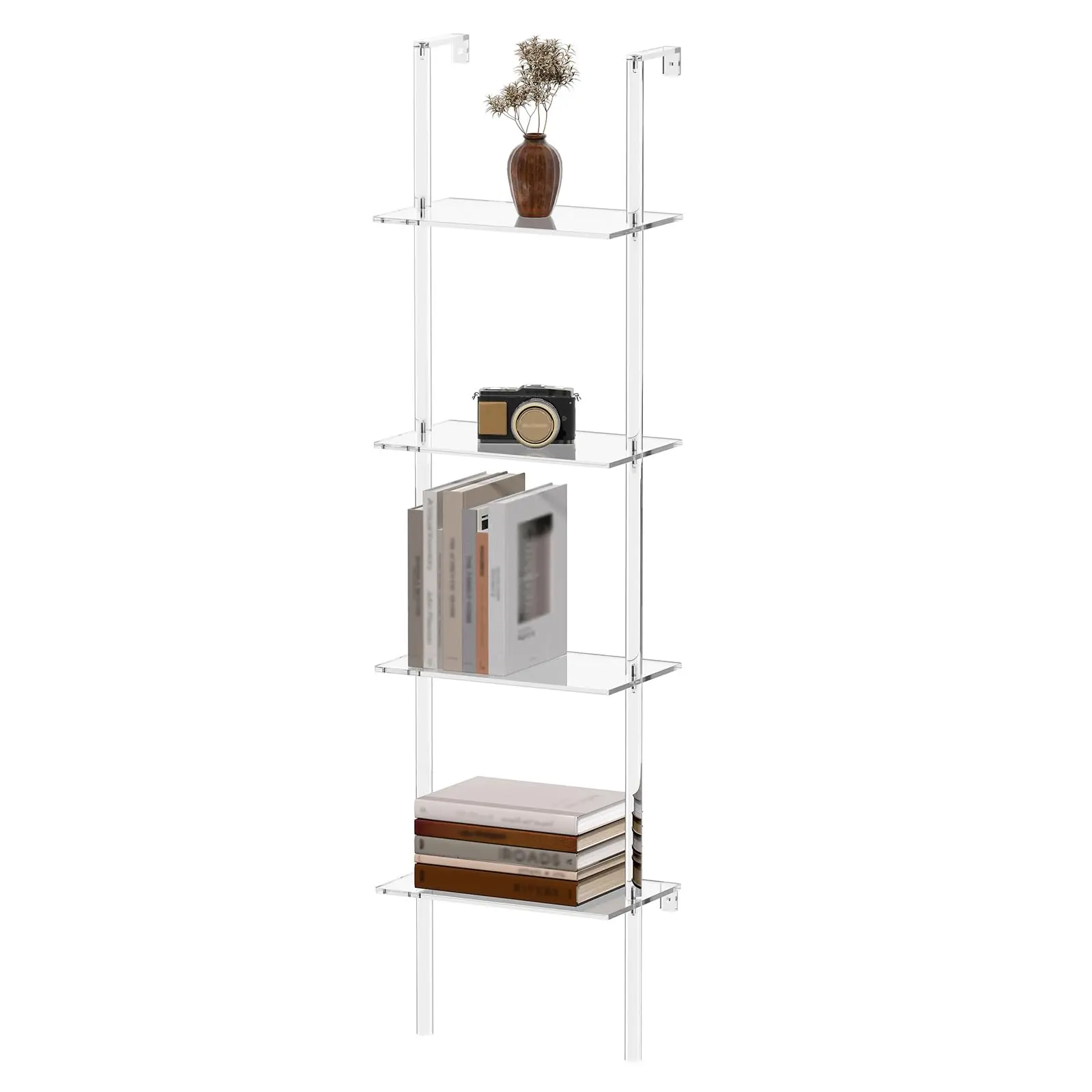 Small Acrylic Ladder Bookshelf, 9.5" D x 15.6" W, 4-Tier Clear Wall Mounted Book Shelf for Small Spaces, Multipurpose Bookcase for Living Room, Bathroom, Office, Modern, 59" H