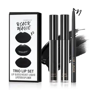 3 in 1 Black Lip Liner Pencil and Lipstick lipgloss Set Matte Black Lipstick Lip Gloss Kit Long-lasting Nonstick Cup Smudge Proof Lip Kits with Lip Liner,Velvet Goth Makeup (12#Black Magic)