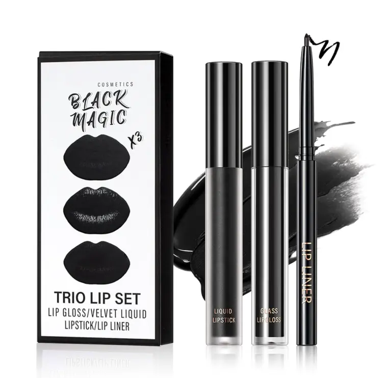 3 in 1 Black Lip Liner Pencil and Lipstick lipgloss Set Matte Black Lipstick Lip Gloss Kit Long-lasting Nonstick Cup Smudge Proof Lip Kits with Lip Liner,Velvet Goth Makeup (12#Black Magic)