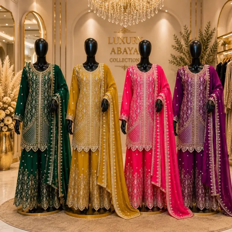 Women's Premium Chiffon Luxury Formal Suit - Front Heavy Sequins & Thread Embroidery, Sharara Pants, Embroidered Dupatta