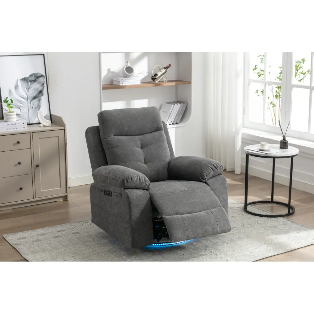 Indoor Furniture Power Recliner Glider Chair with 270-Degree Swivel Base, Removable Arms, LED Light, Bluetooth Speaker, Storage Pockets, USB+Type-C Charging Ports, Button Control, Retractable Footrest, Adjustable Backrest