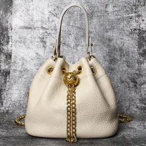 Ladies' First-Layer Cowhide Bucket Bag, Genuine Leather Handbag with Golden Hardware, Detachable Shoulder Strap with Chain Decoration, Elegantly Stylish Design, Multifunctional Fashion Accessory | Elegant Design | Vegan Handbag Crossbody Purse Crossbody C