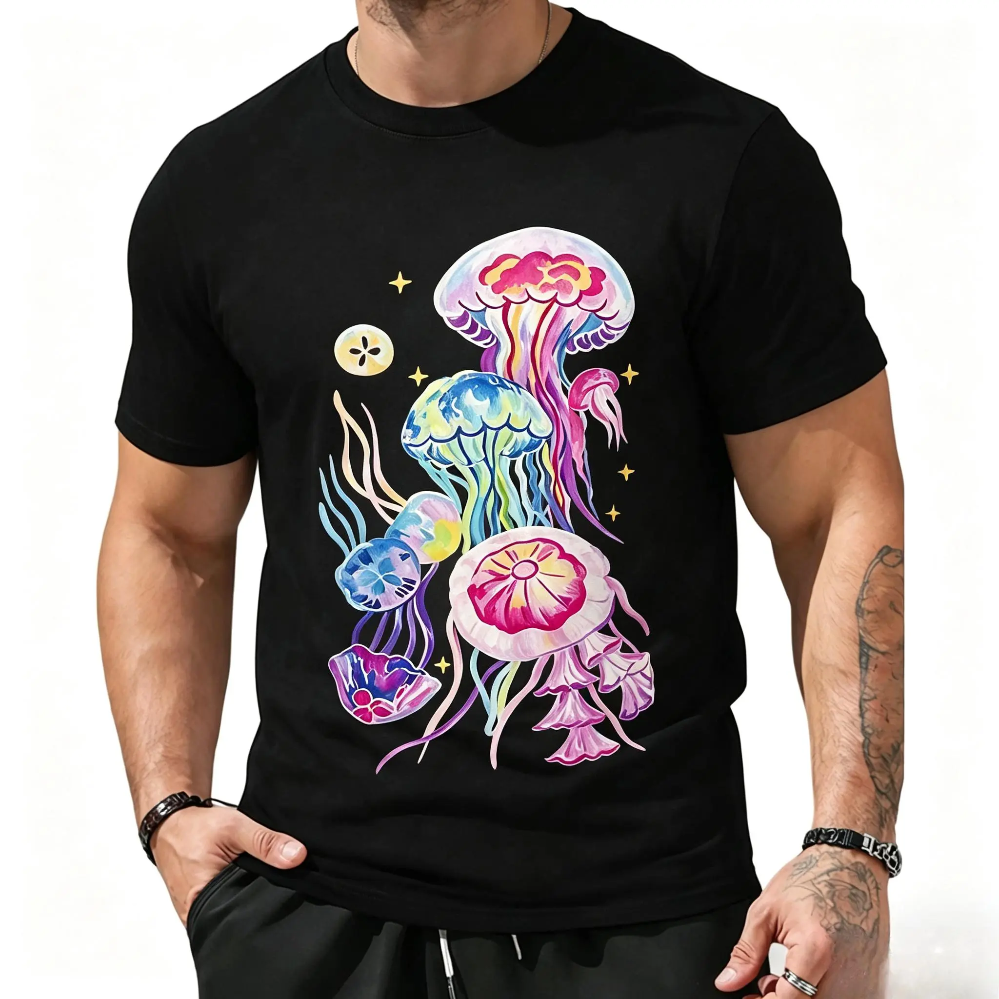 Unisex Y2K Rainbow Jellyfish & Star Print Loose Tee, American Vintage Crew Neck Ocean Creature Colorful Graphic Print T-Shirt, Retro Beach Streetwear Vacation Casual Daily Tops Mermaidcore Aesthetic Style Top, Vibrant Marine Art Fashion