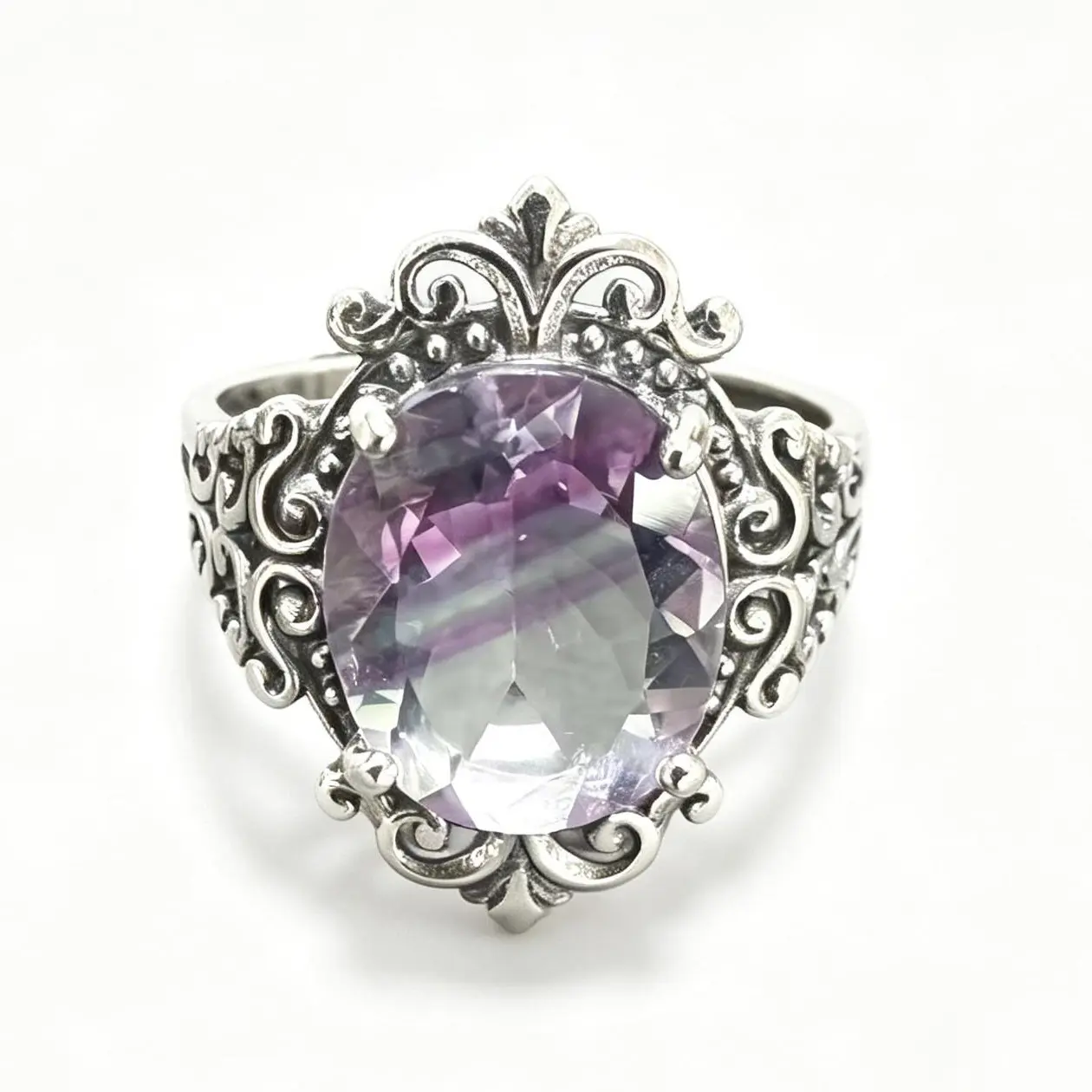 925 Sterling Silver Unisex Adjustable Filigree Scroll Ring - 12×10mm Oval Cut Natural Rainbow Fluorite, Bohemian Vintage Crystal Statement Ring for Birthday, Emotional Stress Relief, Natural Beauty