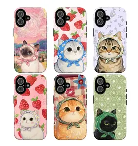 Retro cute cat phone case series, featuring aesthetic cat designs with scarves and floral patterns, suitable for iPhone 17/16/15/14/13/12/11 Pro Max/XS/X/XR/7P/8P, making it the perfect gift for friends, family, or yourself during the holidays., Flowers