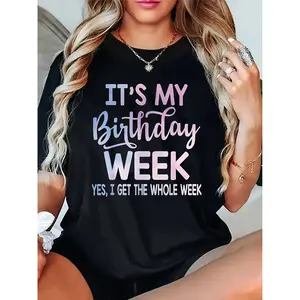 [Birthday Tee] Funny "It's My Birthday Week" Graphic T-Shirt |   Women's Black Casual Short Sleeve Round Neck Tee with Purple & Pink Lettering, 95% Polyester 5% Spandex High Elasticity, Machine Washable Regular Fit for Spring Summer Fall Top Womenswear