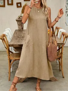 Elegant Plain Color Midi Dress, Round Neck, Pocket Design, Loose Fit Vest Dress, Casual Fashion for All Seasons
