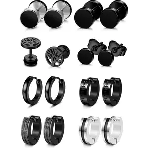 YADOCA 8 Pairs Mens Earrings Black Earrings for Men Stainless Steel Hypoallergenic Ear Piercing Black Hoop Earrings for Men Boys