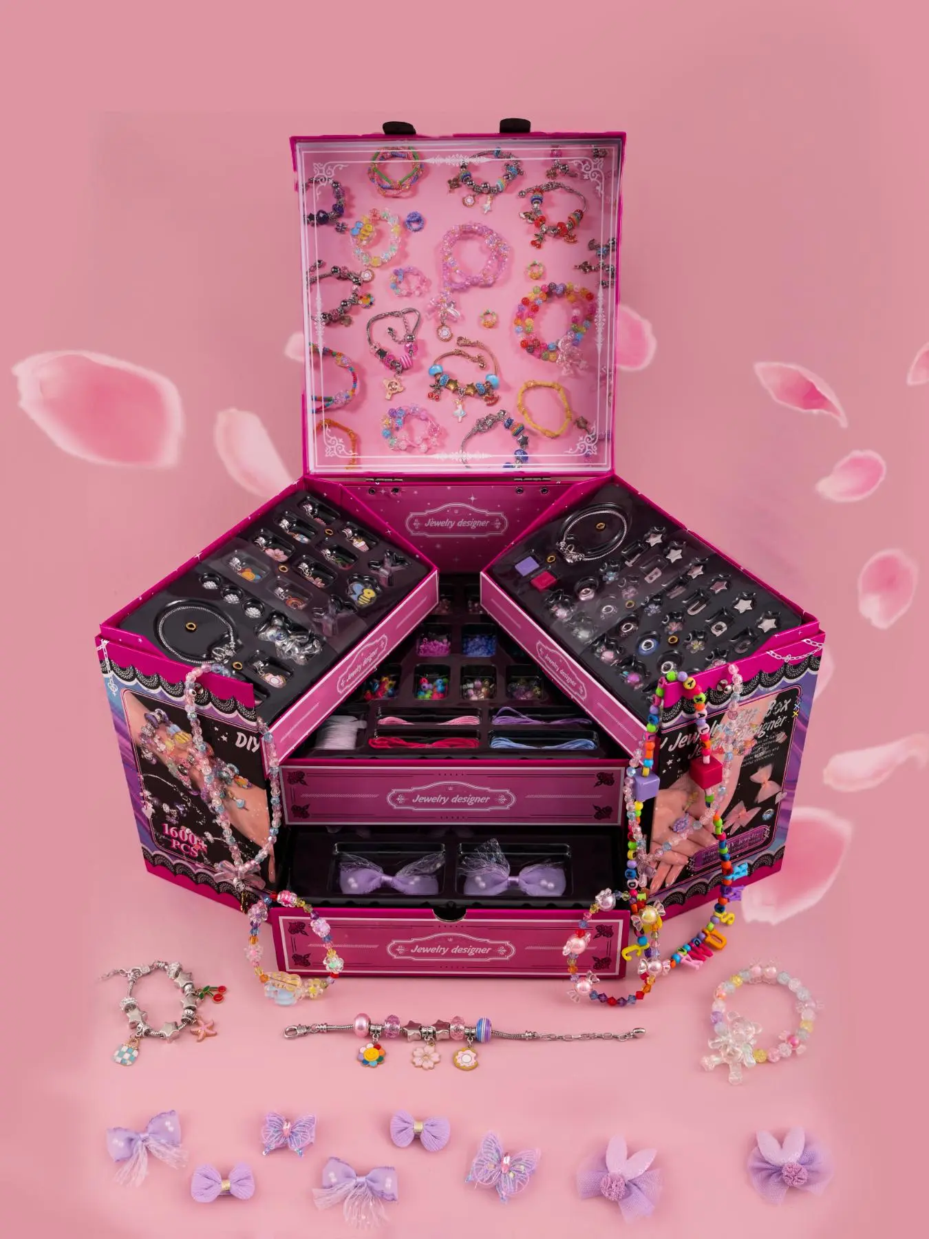 1600+ Pcs Kids Crystal Beads Necklace Bracelet DIY Jewelry Set, Bow Headband Treasure Princess Gift Box for Girls Birthday Party Jewelry Making Kit, Bead Kits, Beaded Making Kit