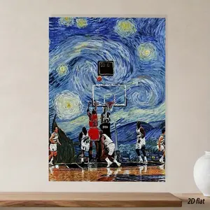 2D Flat Van Gogh'S Starry Night Basketball Poster - a Modern Sports Art Print,  Canvas with  Suitable for Living Rooms, Offices, Gyms, And Cafes - The Perfect Gift for Basketball Fans And Art Lovers