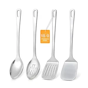 4Pcs Cooking Utensils Set, Stainless Steel Kitchen Utensils, Heat Resistant Metal Kitchen Tools Include Solid & Slotted Turner Wok Spatula, Serving Spoon, Ergonomic Handle, Easy to Clean, Silver