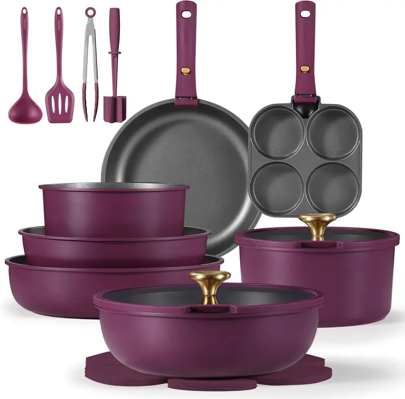 21pcs Pots and Pans Set, Nonstick Cookware Set Detachable Handle, Induction Kitchen Cookware Sets Non Stick with Removable Handle, RV Cookware Set, Gold and Purple