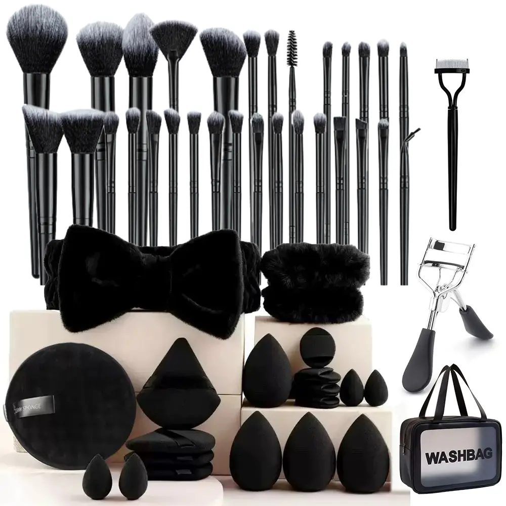 Women's 52-Piece Pro Makeup Brush Set with Plastic Storage Case, Durable,round top Cosmetic Tools Including Water Drop Finger Puff, Foundation Brush, Mini Cleansing Sponge Tapered Angled Blush Brush Set  Flawless Application, Gifts for Women