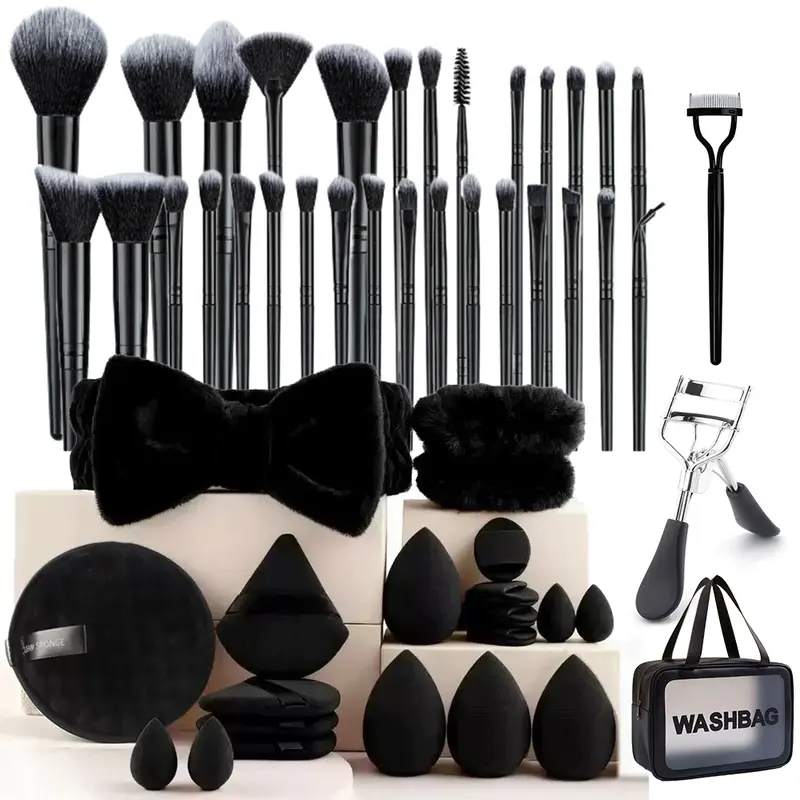 Women's 52-Piece Professional Cosmetic Kit with Plastic Storage Case - Ergonomic Durable Round-Top Makeup Tools, Powder Puff, Foundation Applicator, Mini Cleansing Blender Sponge, Tapered Angled Blush Tool for All Skin Types Flawless Application