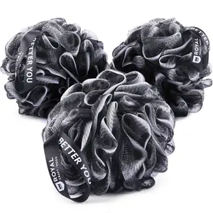 Royal Craft Wood Extra Large Loofah Shower Pouf 3 Pack - Charcoal Black Bath Sponge for Women, Men & Kids, Personal Body Scrubber