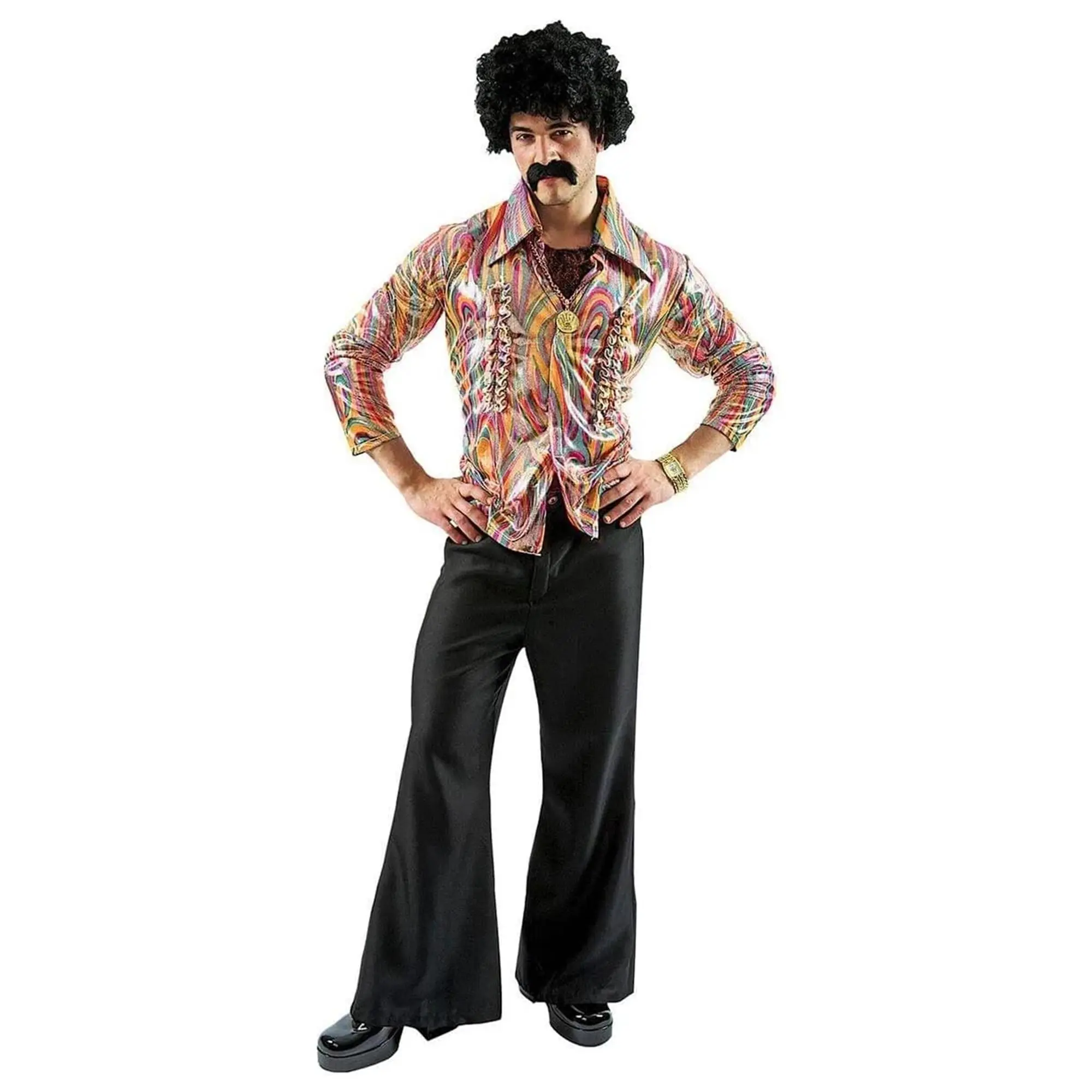 Men's 70s Disco 2-Piece Halloween Costume - Metallic Swirl Pattern Shirt, Black Bell Bottom Pants for Party Events, Menswear Clothes