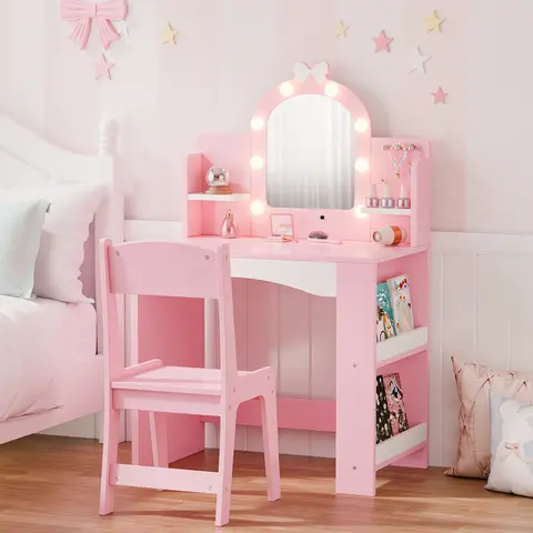 Kids Vanity with Lights,Princess Makeup Vanity Table and Chair Set,Toddler Vanity Desk with Open Bookshelf, Storage Cabinet & Shelves, Stools Pink