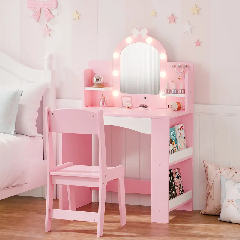 Kids Vanity with Lights,Princess Makeup Vanity Table and Chair Set,Toddler Vanity Desk with Open Bookshelf, Storage Cabinet & Shelves, Stools Pink