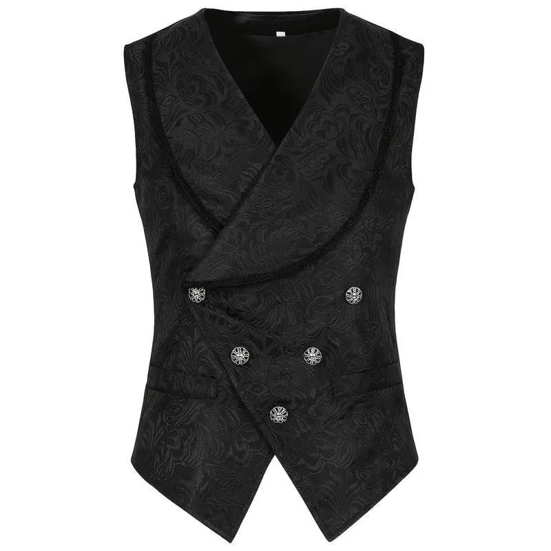 Men's Vintage Black Collared Victorian Waistcoat - Steampunk Spliced, Sleeveless, Double-Breasted Buttoned Front, Split Costume Top (Sports & Outdoor Menswear, XXL), Collared Neck