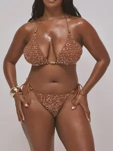 [SAJOON] Plus Size Beaded Sequin Crochet Triangle Bikini Top Only Spring Summer Easter Cute Holiday Vacation Swim Ibiza Beach Sexy Festival