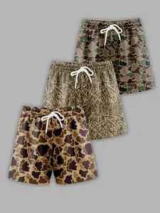 Men's 3-Piece Camo Tree Pattern Drawstring Shorts Set, Summer Casual Fitted Short Pants, Outdoor Hiking Swimming Wear, Camo Print Shorts