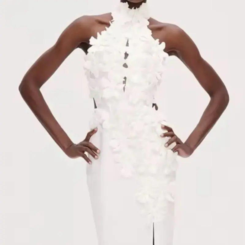 NEW $355 Milla White Halter Gown with 3D Floral Appliqué Womenswear Formal