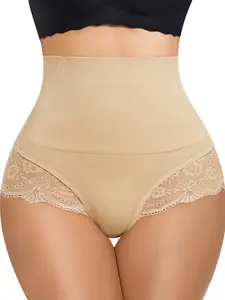 Women's Seamless Lace Patchwork High Waist Elegant Feminine Aesthetic Airslim Shapewear Thong Panties Underwear, 4 Steel Bones Anti-Curling, Dual Layer Compression Slim Waist Fit