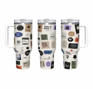 40oz Sticker-Style Travel Tumbler with Handle & Straw – Insulated Stainless Steel Cup, BPA-Free | Fun ‘Take it Easy’ Cup for Gym, Work, Outdoor & Everyday Use