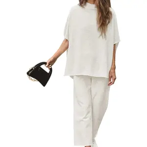 MaLinfandor Women's Two Piece Outfits 3/4 Batwing Sleeve Capelet Crew Neck Pullover Top Wide Leg Pants Lounge Set