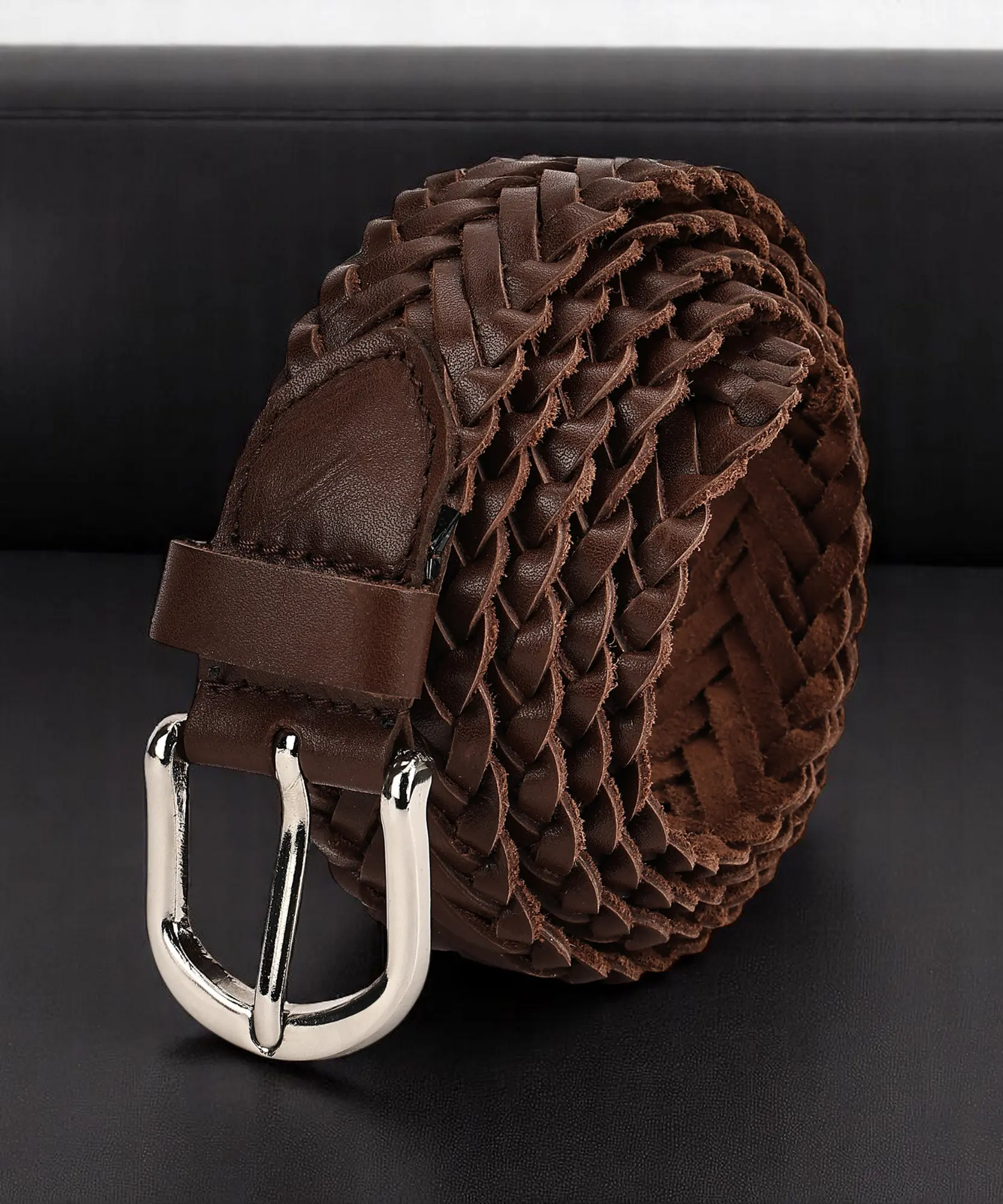 Leatherboss Genuine Leather Men's Brown Braided Belt, 1.125in Wide, Brushed Silver Buckle, Classic Cut-to-Fit Braids Belts, Versatile Stylish Gift Idea, Cut-To-Fit Men's Belts