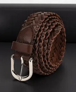 Leatherboss Genuine Leather Men's Brown Braided Belt 1.1/8" Wide Brushed Silver Buckle Versatile & Stylish Gift Idea