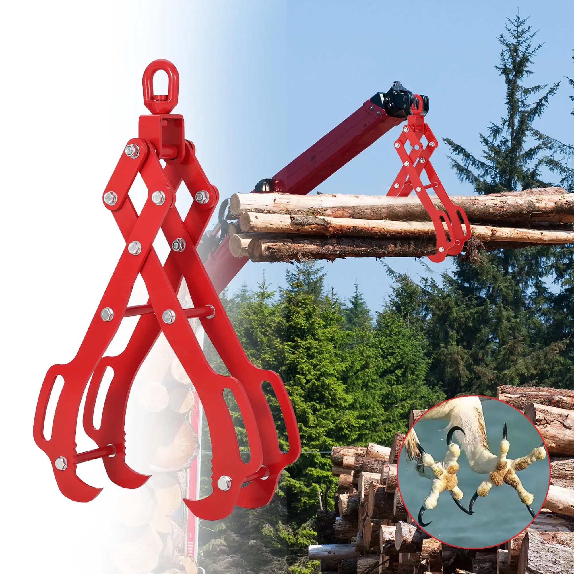 GARVEE 36In Log Lifting Tongs with 4-Claw Timber Grip, 360° Swivel Dragging, Heavy Duty Steel Construction, Anti-Slip Wooden Handles, Ideal for Tractors, Skidders, Firewood, and Lumber Handling