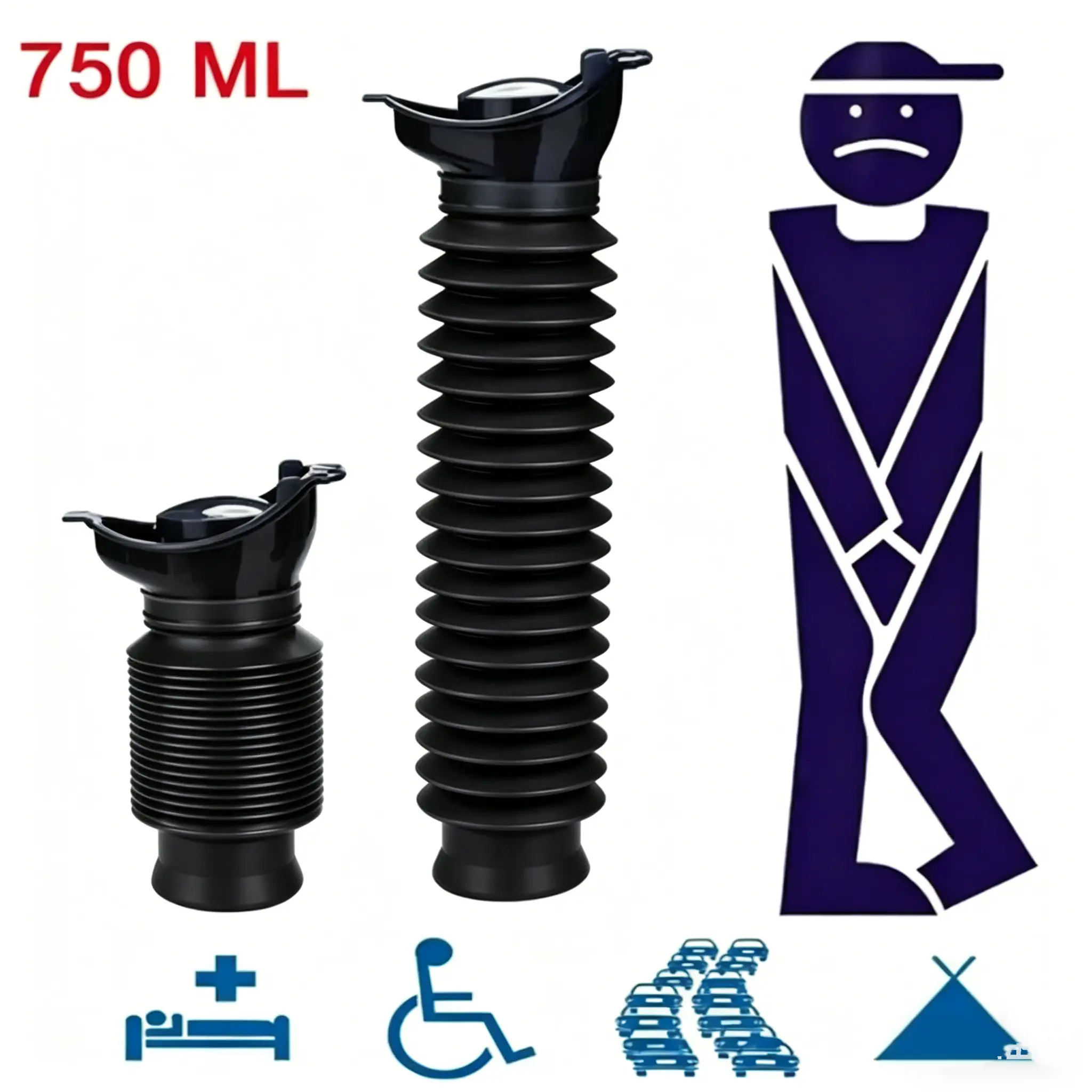 750ML Emergency Urinal, Pedestal Urinal, Pocket Toilet for Men Women, Pee Bottles Sealed Lid Collapsible Portable Urinals for Camping Travel Car Traffic Black