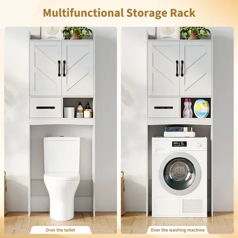 Garvee Sturdy Over-the-Toilet Tall Wooden Cabinet - Moisture-Resistant Bathroom Space Saver with Adjustable Shelf, Double Doors, Open Shelf, Anti-Tip Fittings, Neutral Finish, Assembly Required Free-Standing Apartment Furniture