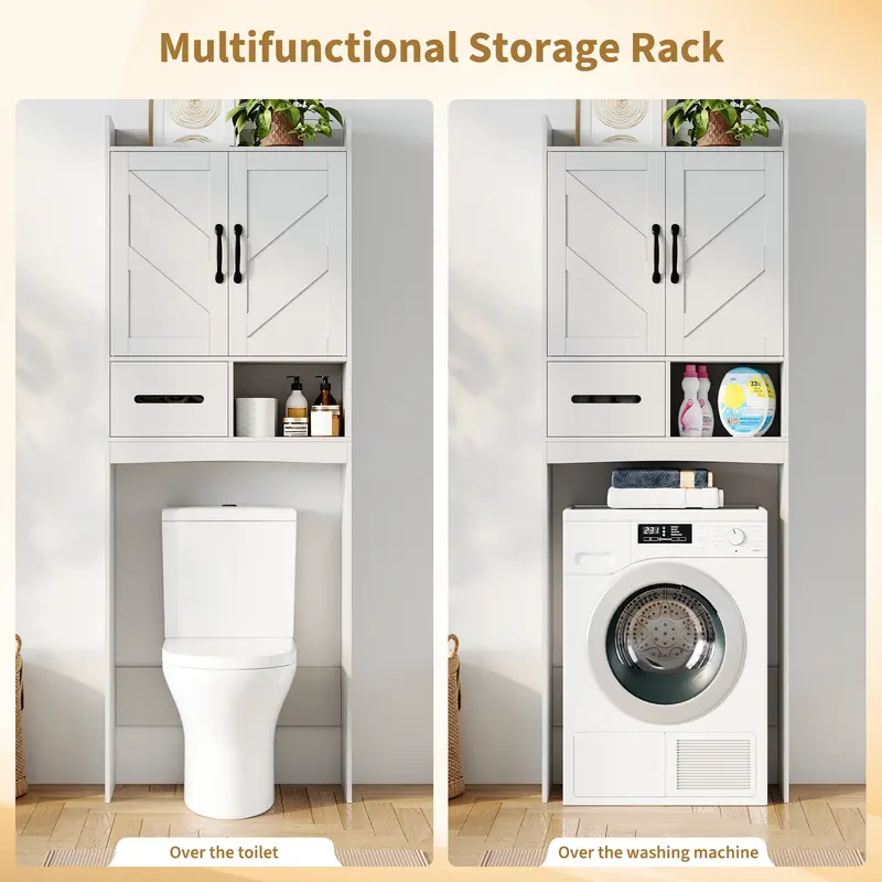 Garvee Sturdy Over-the-Toilet Tall Wooden Cabinet - Moisture-Resistant Bathroom Space Saver with Adjustable Shelf, Double Doors, Open Shelf, Anti-Tip Fittings, Neutral Finish, Assembly Required Free-Standing Apartment Furniture
