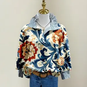 Women's Vintage Floral Print Striped Collar Top Going Outfits Blouses 90s Tops Funny Shirts Women Elegant Classy Tops Blouse Classyoutfit Women