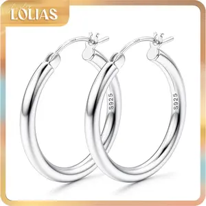 LOLIAS S925 Sterling Silver Post Hoop Earrings 14K Gold Plated Hoops 3mm Chunky Large Big Hoop Earrings Hypoallergenic Lightweight Earrings for Women 15/20/30/40/50/60/70mm