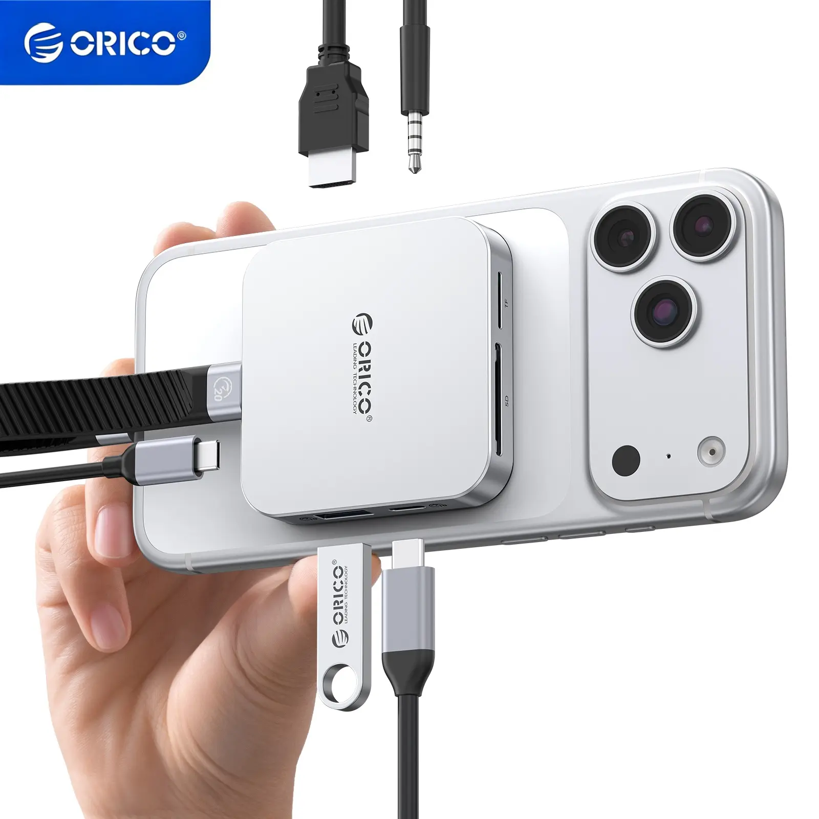 ORICO 10Gbps Magnetic M.2 Docking Station, 8-in-1 USB C HUB & M.2 2230 NVMe Enclosure with HDMI 4K@60Hz,SD/TF, USB-A&C 3.2, 100W PD, AUX, USBC Dock for iPhone 17/16/15 Pro/Pro Max - MG7