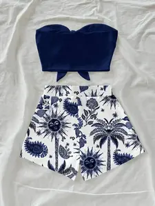 Modern Women's Island Vacation Palm Tree and Sun God Printed Slim Fit Crop Top Short Two-Piece Matching Set, Perfect for Summer Getaways Stylish Spring Looks, Basic, Coord Set, Stretchy Relaxed Lightweight Breathable