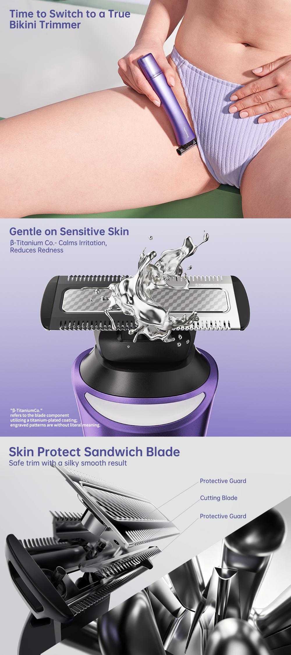 BreezeNu Bikini Trimmer for Women, Electric Shaver and Razor Rechargeable 2-in-1 Body and Facial Epilator, Dual Heads for Painless Trimming of Pubic Hair, Face, Underarms and Legs, Waterproof IPX7 Wet & Dry Use, Summer Self Care Gift