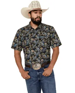 Cody James Men's 18 Carat Paisley Print Short Sleeve Snap Western Shirt - Cjsp24w60-Nvy
