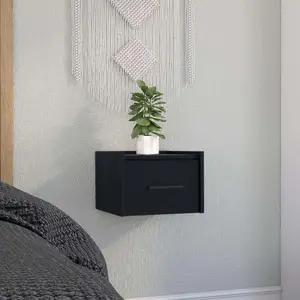 Boa Floating Nightstand End Table Side Table Wall-Mounted Single Drawer Design with Handle- Black - Bedroom
