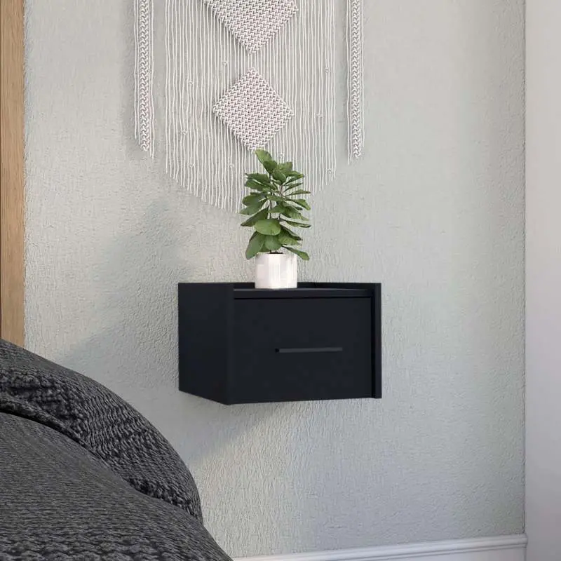 Boa Floating Nightstand End Table Side Table Wall-Mounted Single Drawer Design with Handle- Black - Bedroom