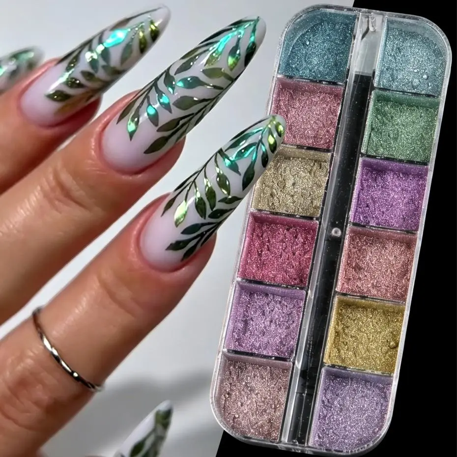 12 Colors Mirror Chrome Nail Powder Set Metallic Pigment Dust Golden Pink Purple Glitter Powder Manicure Nail Art Decorations